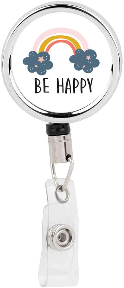 Andaz Press Retractable Badge Reel Holder with Clip, Heavy Duty Metal Name Tag Retractable ID Key Belt Clip Be Happy Rainbow, Cute Elegant Funny Work Gift