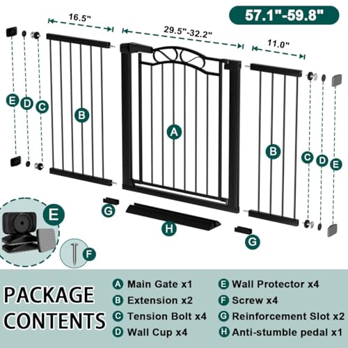 Image of Fairy Baby 57.1 inch-59.8 inch Extra Wide Baby Gates with Door, 58 59 Inches Child Gate for Todder Kids, Metal Pressure Mounted Pet Dog Gate, Walk Thru Safety Gate for Doorway Stairs, Black