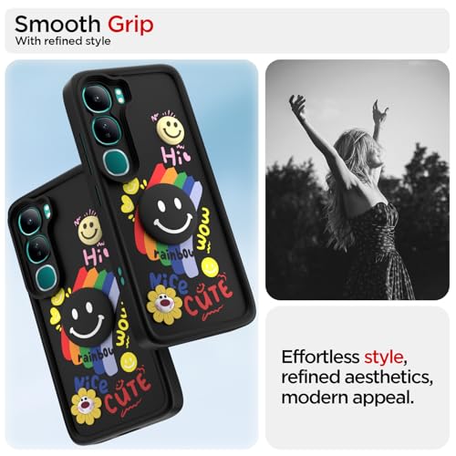 Image of Pikkme Back Cover for Vivo Y300 5G / Vivo V40 Lite 5G | Soft Silicone| Cute Rainbow Smile & 3D Cartoon Flower Design | Shockproof Raised Camera Protection Bumper Case (Black)