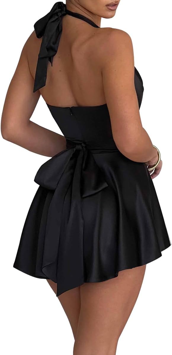 LuFeng Women's Sexy Sleeveless Halter Deep V Neck Backless Tie Back Waist Flowy Drape Satin Cocktail Mini Dress - Image 6