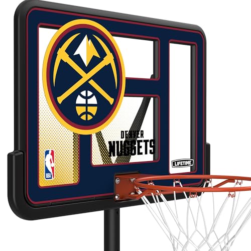 Image of Lifetime NBA Denver Nuggets Portable Basketball Hoop, Adjustable Height 7.5-10 Ft, 44 Inch Shatterproof Fusion Backboard, Base with Wheels