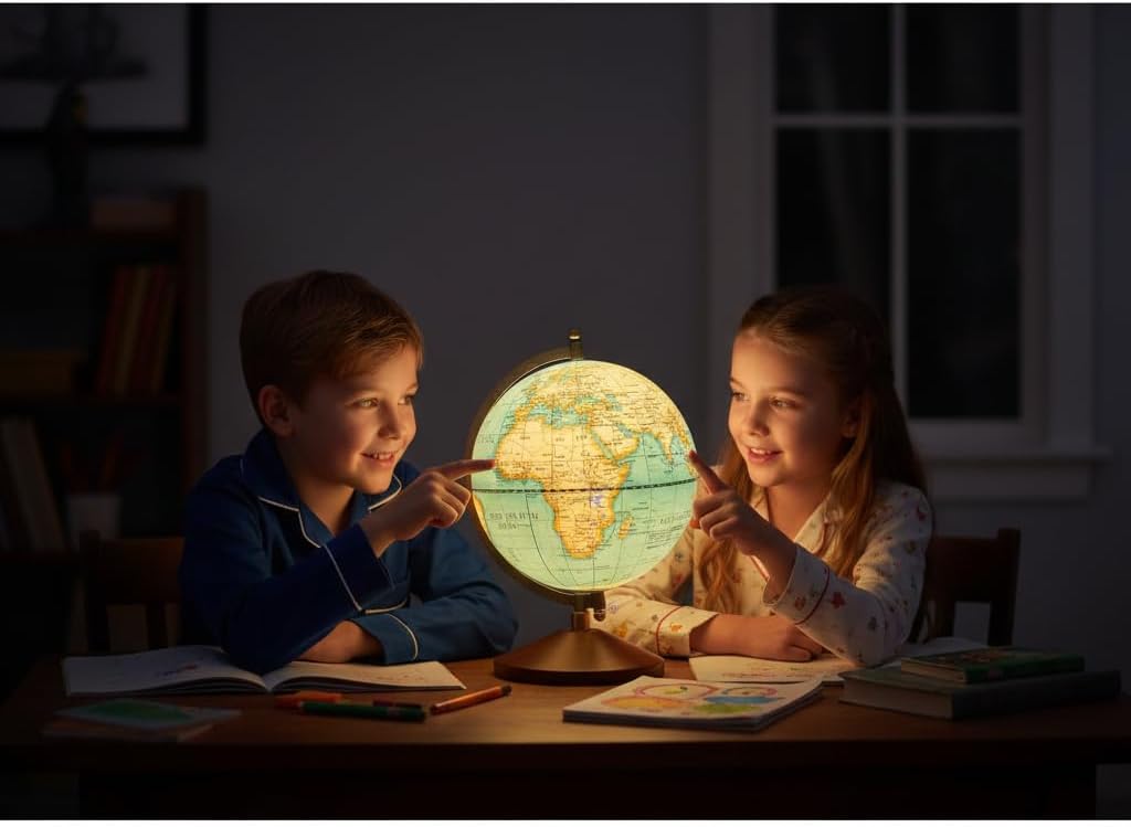 Decorative World Globe with Wooden Base, Multi Colour Political Map, Polished Metal Stand, 8 Inches Diameter, Educational Desk Globe