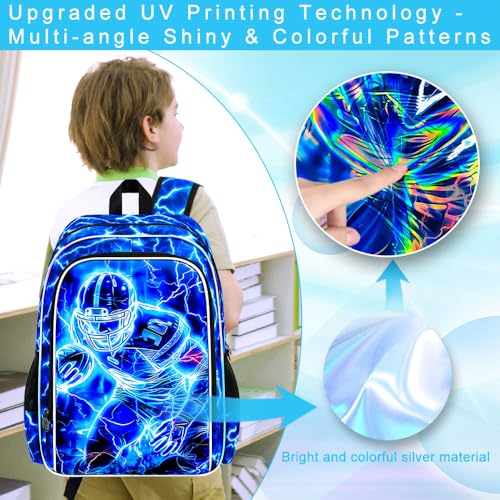 Image of 17 inch Football Backpack for School, Kids Boys Lightning Bookbag with Lunch Box, 3Pcs Backpacks for Elementary Preschool Kindergarten (Blue)