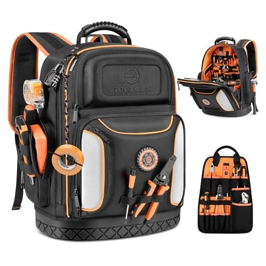 Tool Bag Backpack, 75 Pockets & Loops Heavy Duty Tools Organizer Bags/HVAC Tool Carrier for Eelectrician/Construction Work with Molded Base and Combination Lock, Large, Black and Orange