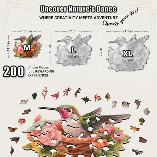LEOGOR Wooden Jigsaw Puzzles for Adults 200 Pieces (13.5 × 11.3 in), Hummingbird Puzzle, Extra-Thick 5mm Wood, 30 Unique Animal-Shaped Pieces, Premium Gift for Adults and Teens - Image 6