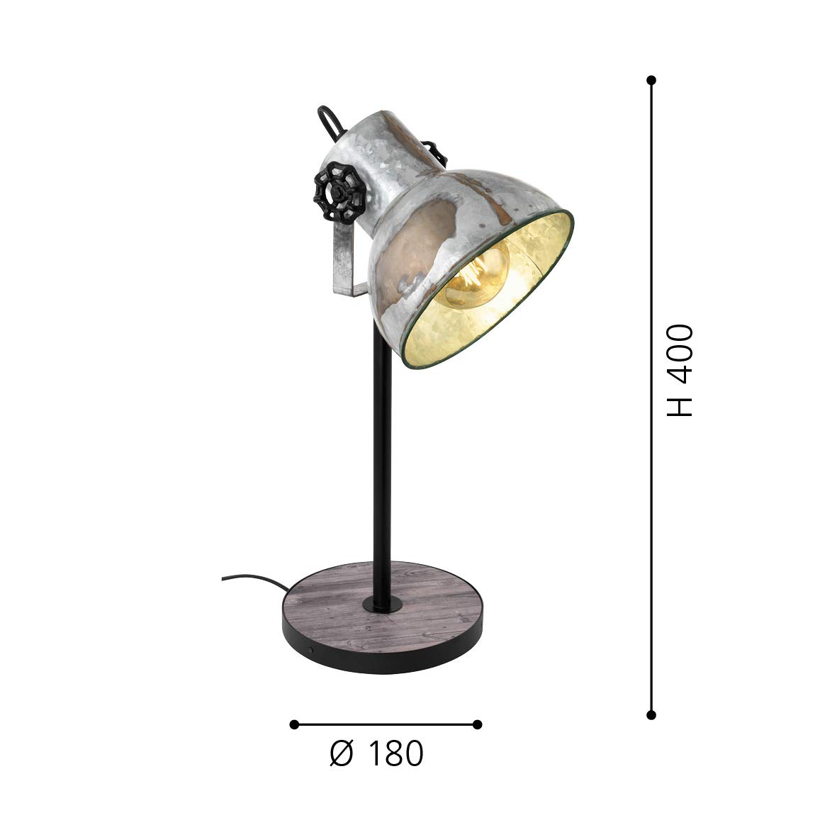EGLO Tischlampe Barnstaple 1 flammige Vintage | Tischleuchte im Industrial Design, Retro Nachttischlampe aus Stahl im Zink Used-Look, Holz, Rostoptik, schwarz, E27 Fassung