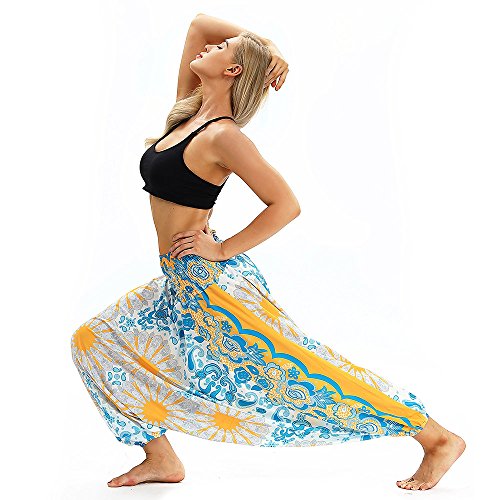 Sunmoot Boho Print Yoga Pants Womens Men High Waist Casual Summer Loose Baggy Jumpsuit Elastic Waist Harem Trousers