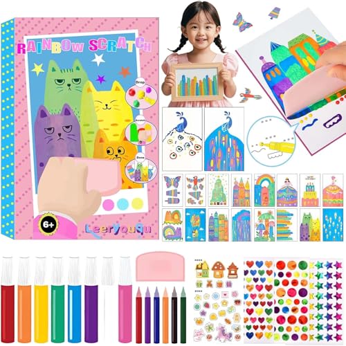 Image of SUPER TOY Rainbow Scratch Art Squeeze Dot Painting Kit for Kids, Rainbow Scratch Magic Paper DIY Postcard Activity Set, Magic Dot Scratch Painting Gifts for Girls and Boys