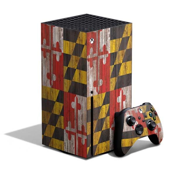 Skinit Decal Gaming Skin Compatible with Xbox Series X Bundle - Maryland Flag Dark Wood Design