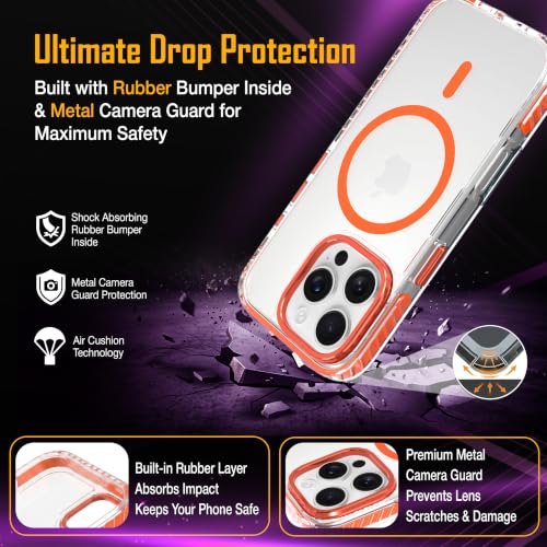 Image of Zapcase Crystal Clear Back case for iPhone 16 Pro | PC Back | TPU Bumper with Inner Rubber Grip | Metal Camera Guard Bezel | Metal Buttons | Scratch Resistant Cover | 2 Layer Edge Protection | Orange