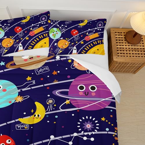 Image of Cartoon Outer Space Theme Comforter Set Queen for Kids,Boys Queen Size Bedding Set Galaxy,Galaxy Quilt Queen Size,with 1 Comforter with 2 Pillow Case