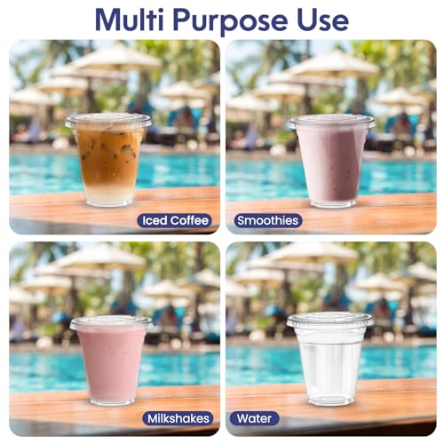 SNH 25 Pieces 12Oz Juice Cup With Lid Clear Strong Disposable Cups - Ideal for iced coffee, smoothies, Bubble Boba tea, milkshakes, frozen cocktails, water, sodas, juices, snacks, dessert & more.