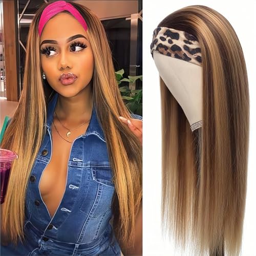 Image of Celiarita Highlights Ombre Headband Wig Human Hair Straight 26 Inch None Lace Front Wigs P2 /30 Blonde Brown Straight Human Hair Headband Wigs for Black Women