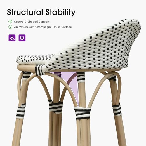 Image of PURPLE LEAF Patio Oversized Backrest Counter Height Stool Set of 1 Outdoor Round Barstools Aluminum Frame in Champagne Finish Woven Rattan for Indoor Kitchen Dining Bistros Cafe Restaurant White