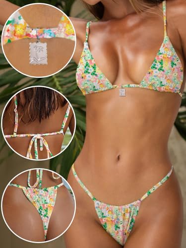 Image of OWICA Women's Sexy Triangle Bikini Sets Cheeky Thong Swimsuit Adjustable Spaghetti Straps Bathing Suit