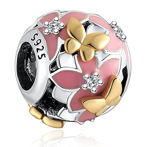 Angemiel 925 Sterling Silver Enamel Magnolia Bloom Charms with Gold Plated Butterfly for European Snake Chain Bracelets