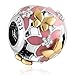 925 Sterling Silver Enamel Magnolia Bloom Charms with Gold Plated Butterfly for European Snake Chain Bracelets