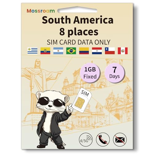 SIM Card for 8 Countries in South America– Prepaid Data Plans | 1GB Daily Data,7 Days | High-Speed Internet | Ideal for Travelers
