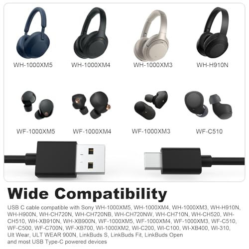 Image of WH-1000XM6 Charger Cable Compatible with Sony WH-1000XM6 WH-1000XM5 WH-1000XM4 WH-1000XM3 WH-CH720N WH-CH520 WH-XB910N WF-1000XM5 WF-1000XM4 WF-1000XM3 WF-C510 WI-C100 Headphones (150cm)