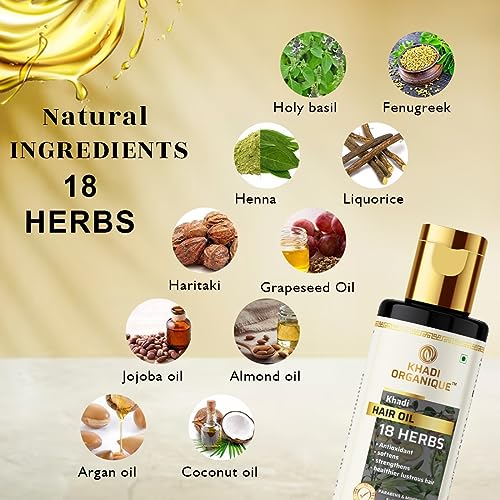 Image of Khadi Organique 18 Herbs Herbal Hair Oil to Repair Dry Scalp | Softens Hair, Prevents Dandruff & Hair Growth | Natural & Non-Sticky Formula | Paraben & Sulphate Free Formula for Women & Men - 210ml
