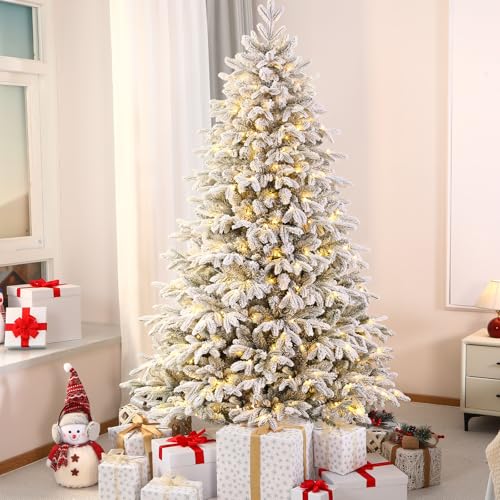 SHareconn 6.5ft Pre Lit Christmas Tree Snow Flocked Warm White Xmas Tree with 1922 PE&PVC Mixed Branch Tips, Artificial Christmas Tree with 8 Light Modes, 340 Warm White Lights and Foldable Stand