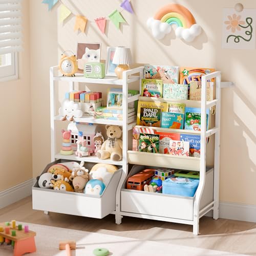 Image of Kids Bookshelf and Toy Storage Organizer, 3 Tier Book shelf for Kids, Toddler Bookshelves, Kids Bookcase, Montessori Bookshelf with 2 Storage Bins for Kids Room, Playroom, Nursery, Livingroom