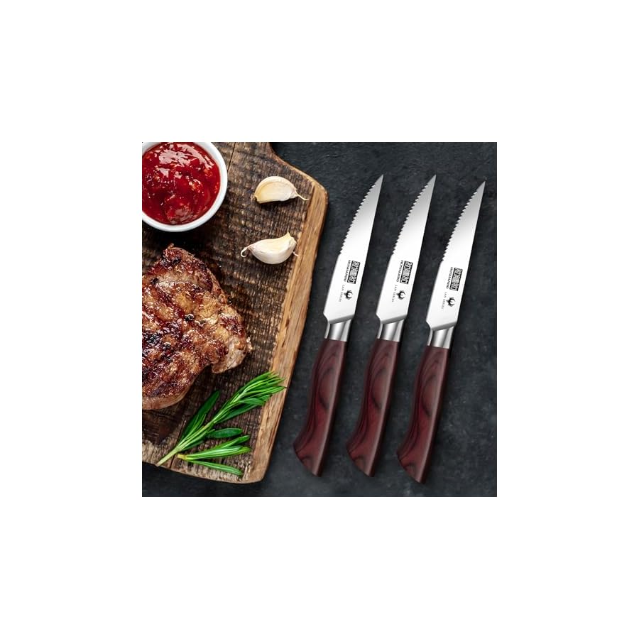 HOSHANHO Steak Knife Set 8 Pieces, 4.5 Inch Super Sharp German High Carbon Stainless Steel Steak Knife Set, Professional Premium Serrated Precise Cutting with Ergonomic Wood Handle