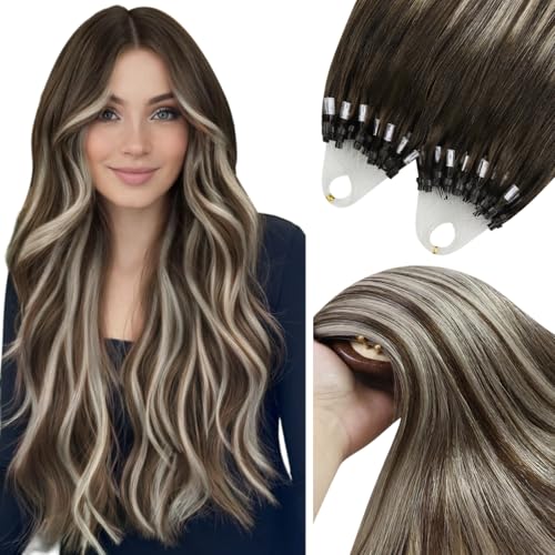 Image of YoungSee Micro Bead Hair Extensions Real Human Hair Balayage Micro Ring Hair Extensions Human Hair Ombre Dark Brown to Blonde Bead Hair Extension 22 Inch for Date Nights 57g 50s