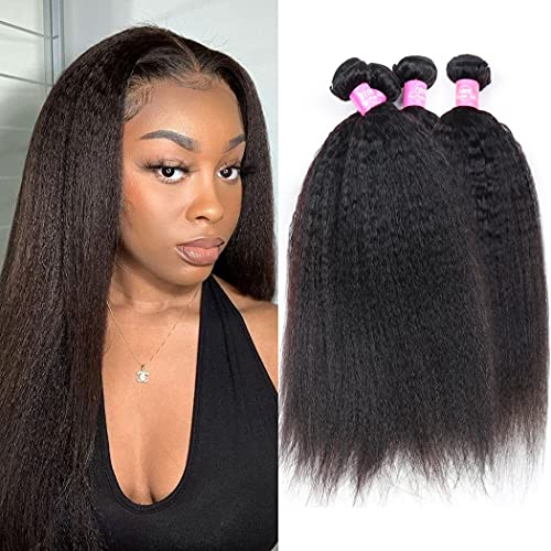 Odir Kinky Straight Bundles Brazilian Human Hair 22 24 26 28 Unprocessed 8A Yaki Straight Virgin Hair Weave 4 Bundles Kinky Straight Hair Remy Sew in Hair Extensions 400g Natural Black Color