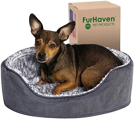 Furhaven Dog Bed for Small Dogs w/ Removable Washable Cover & Pillow Cushion Insert, For Dogs Up to 12 lbs – Two-Tone Faux Fur & Suede Oval Lounger – Gray, Small