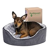 Furhaven Dog Bed for Small Dogs w/ Removable Washable Cover & Pillow Cushion Insert, For Dogs Up to 12 lbs - Two-Tone Faux Fur & Suede Oval Lounger - Gray, Small