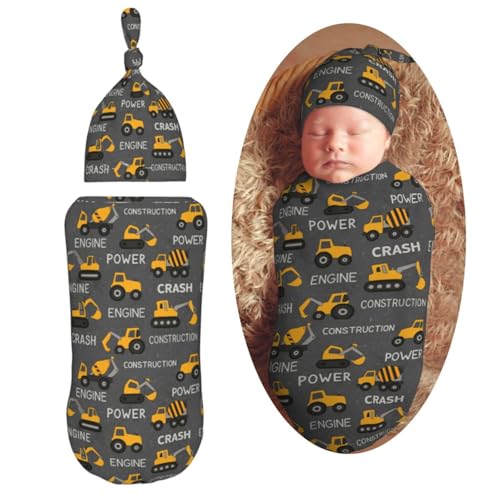 Image of AuHomea Kids Construction Machines Truck Tractor Newborn Swaddle Blanket with Beanie Set Soft Baby Sleep Sack Stretch Adjustable Swaddle Wraps Receiving Blankets