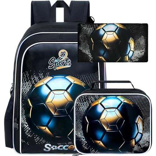 Image of gxtvo 3PCS Soccer Bookbag for Boys, 17 inch Kids Football Backpack with Lunch Box, Water Resistant Middle Elementary Letter School Bag - Blackgold Football