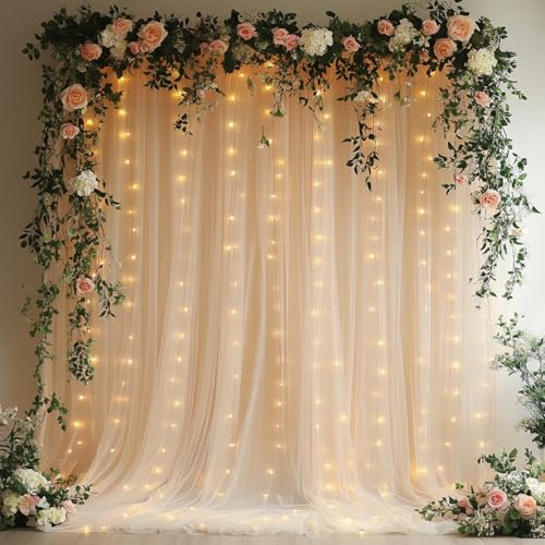 Patioman 10x8ft Champagne Tulle Backdrop Curtain with String Lights, Wrinkle-Free Sheer Wedding Backdrop for Birthday Parties, Baby Shower, Bridal Shower, Photo Shoots and Home Decorations, Champagne