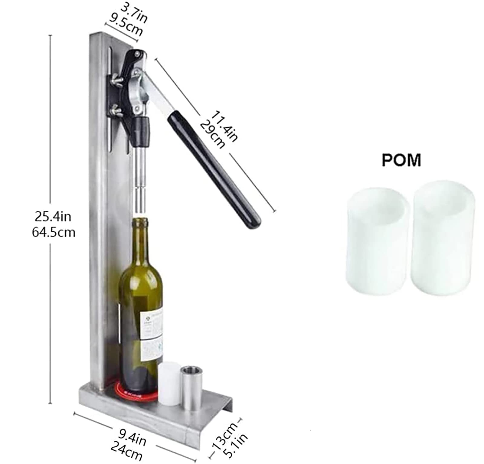 Corchadora manual para botellas de vino, acero inoxidable, altura ajustable, almohadilla antideslizante, incluye 2 fundas POM para corchos #8 y #7