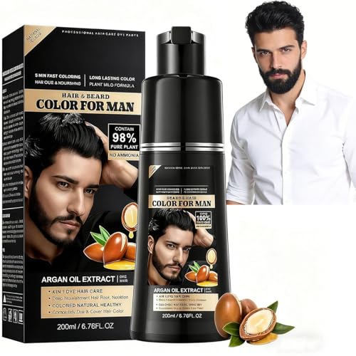 Negro Tinte Pelo Hombre 4 en 1,Champú Tinte Negro para Hombre con Aceite de Argán,Cobertura Natural de Canas,Champú Anticanas Suave para Barba y Cabello,Cuidado Diario,Fácil de Usar