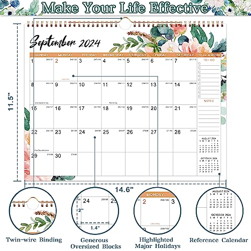 Wall Calendar 2024 - Calendar 2024, Jan. 2023 - Dec. 2024, 14.6" X 11.5",12 Monthly Wall Calendar With Thick Paper, Twin-Wire Binding + Hanging Hook + Unruled Blocks With Julian Date - Blue Floral #TOP2