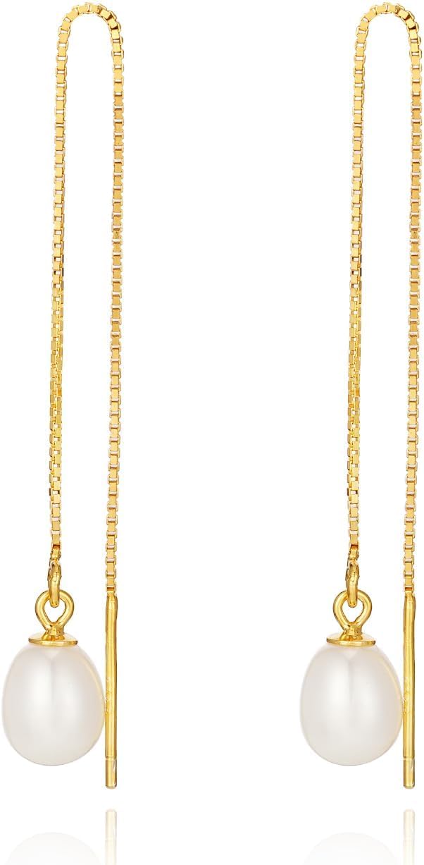 JaruJaru Vermeil Chain Freshwater Pearl Earrings for Women, Gold Threader Earrings, Gold plated on S925 Sterling Silver, Hypoallergenic Thread Through Dangle Earrings