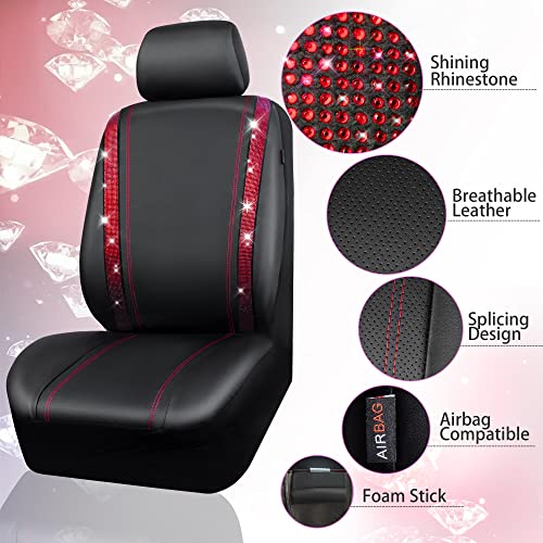 Image of CAR PASS Leather Bling Diamond Car Seat Covers 2 Front Interior Sets, Waterproof Universal Shining Glitter Crystal Sparkle Fit for 95% Automotive Truck SUV Cute Women Girl, Black Red Rhinestone