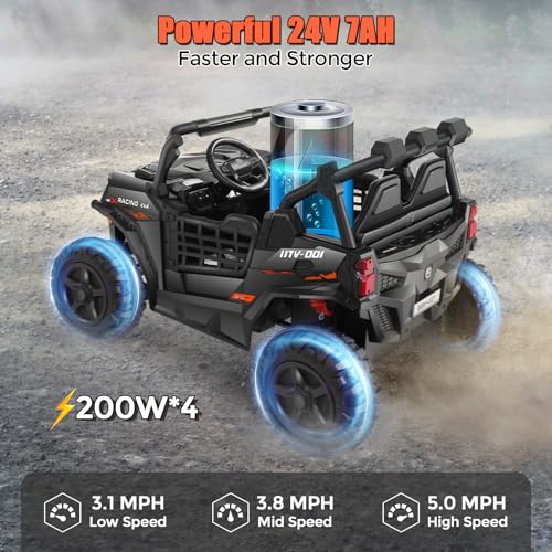 Image of Hikole 24V 4x4 Ride on Toys for Big Kids with 4X200W Powerful Motors, 4WD /2WD Switchable 2 Seater Electric Car with Parent Remote, Colorful Lights, Music, Power Car Wheels for Boys Girls, Black