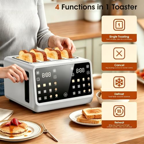 Image of Smart 4-Slice Toaster with Dual Touchscreen & Independent Controls - 1800W Stainless Steel, Wide Slots for 6 Bread Types & Toast Settings + Defrost, Reheat & Single-Slice Modes