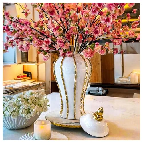 Ginger Jar, White Gold Ceramic Vase Large Handmade Porcelain Vases with Lid, White Gold Decorative Flower Vase for Home, Living Room, Weddings, Centerpieces (18in with Lid)