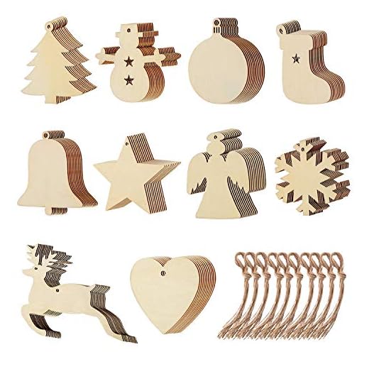 Viccess 100 Pcs Ornements en Bois de Noël Décoration de Noël Ornement Suspendu Forme de Flocon de Neige Sapin de Noel Bonhomme de Neige Étoiles Renne Cloche Chaussette Noël Etiquette de Cadeau Noel