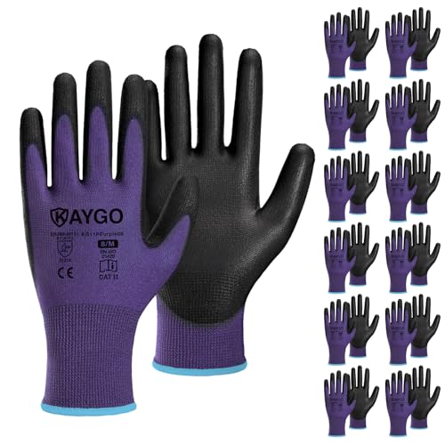 Image of KAYGO Work Gloves for Men and Women,12 Pairs Seamless Knit PU Coated Safety Gloves, with Smooth Grip on Palm and Fingers, Ideal for Light Warehouse, Manufacturing, Gardening, KG11P (M, Purple)