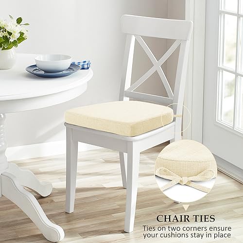 Image of Wellsin Chair Cushions for Dining Chairs 4 Pack - Kitchen Chair Cushions with Ties and Non-Slip Backing - Dining Chair Pads 16 inchX16 inchX2 inch, Beige