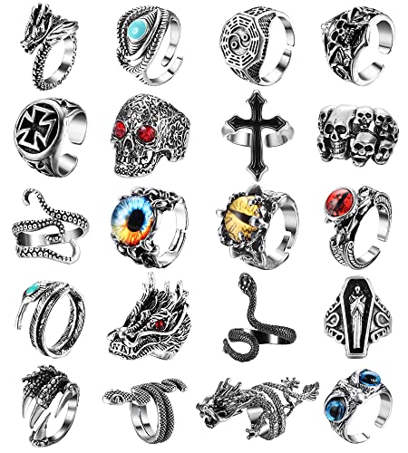 Helicopchain 20Pcs Vintage Punk Rings for Men Women Adjustable Open Gothic Knuckle Rings Set Y2K Rings Frog Snake Dragon Claw Peacock Rings Retro Jewelry Rings