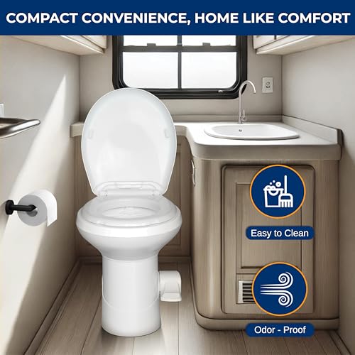 Image of SereneLife RV Gravity Flush Toilet with Foot Pedal and Hand Sprayer | T-Type Full-Bowl Flush Coverage With Odor-Resistant Sealing For RVs, Boats, Campers, Trailers And Marine Bathrooms