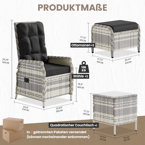 ALAULM 5-teiliges Rattan Gartenmöbel Set mit 2 verstellbaren Relaxsofas, 2 Hockern & 1 Couchtisch… – Ansicht 5