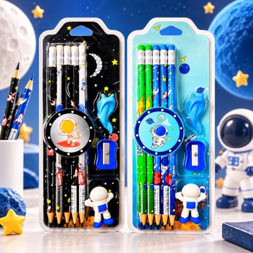 Image of PLUSPOINT 26 Pcs Space Theme 20 Pencils for Kids with 2 erasers 2 sharpeners 2 Grips Astronaut Space Design Perfect for Birthday Classroom and School Supply