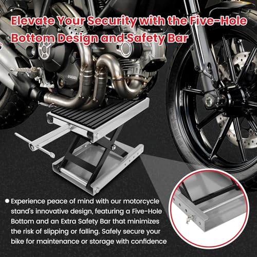 Image of 1300 LBS Motorcycle Jack, Thickened 0.48 inch Rubber Pad Motorcycle Lift, Upgraded Anti-Slip Bottom Dirtbike Stand, Carbon Steel Motorcycle Center Stand with Wide Deck, Chain Brush, T-Handle for ATV Gray